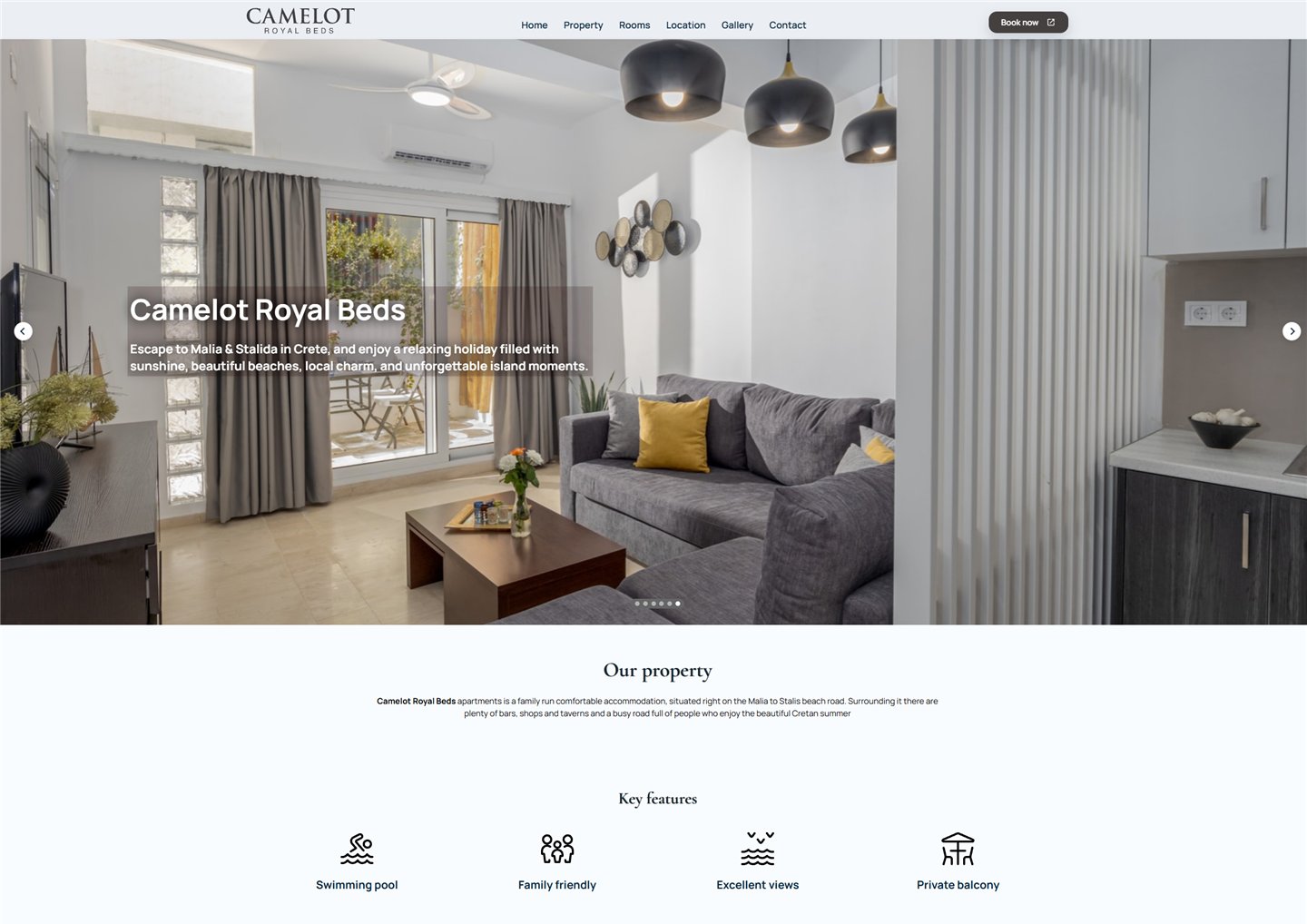 Camelot Royal Beds desktop website, with cool neutral colors, an apartment banner and property facilities.