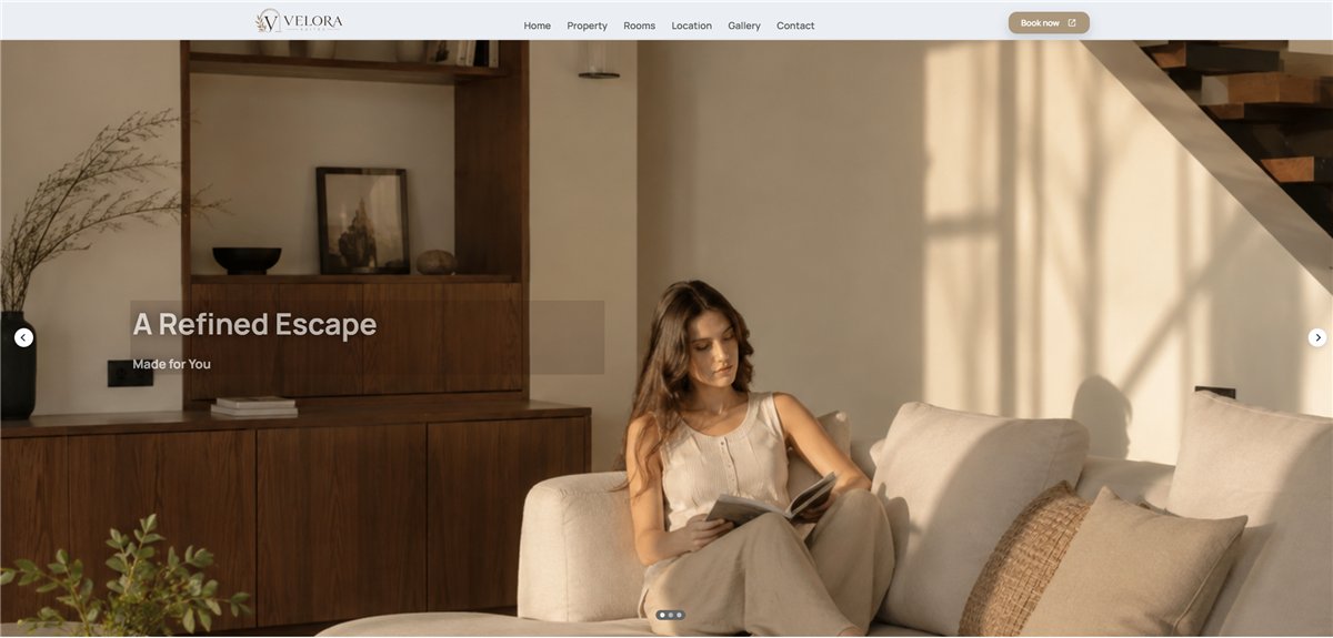 Velora Suites property banner with a large photograph, carousel controls and custom welcome message.