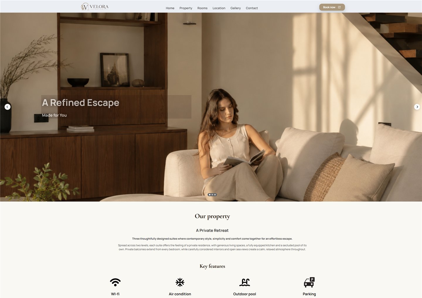 Velora Suites website with warm ivory and muted gold styling, a large lifestyle photograph and property introduction.